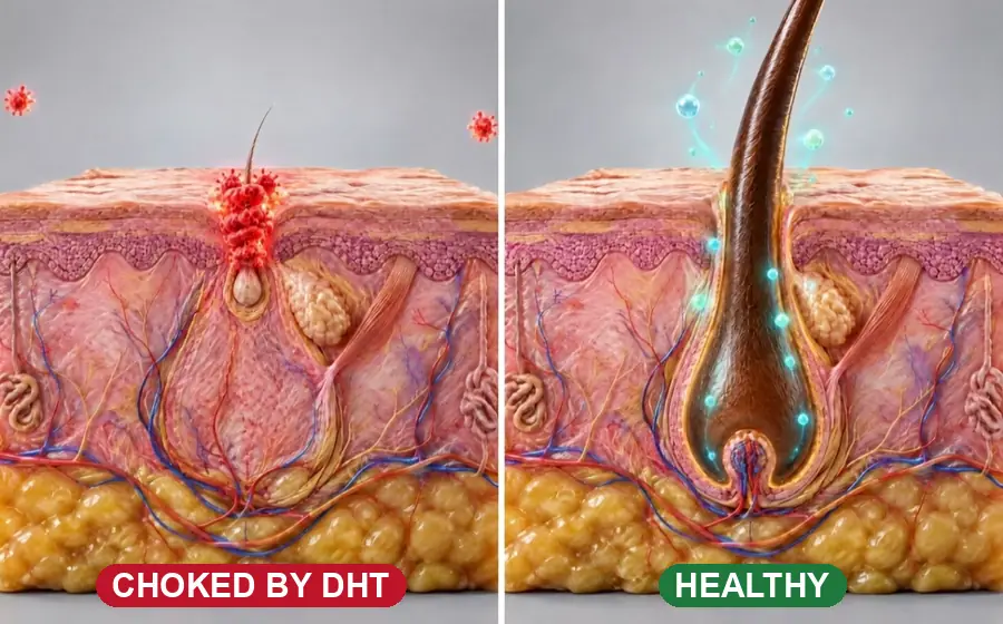 3D cross-section side by side: a follicle choked by DHT next to a healthy follicle