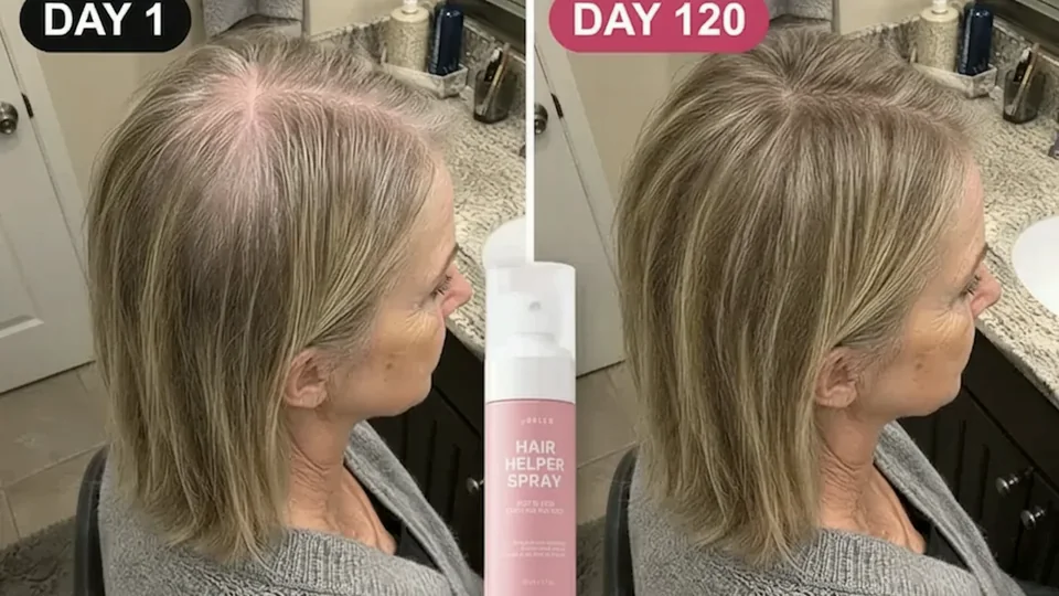 Day 1 vs day 120: thinning part line, then fuller-looking hair, with a bottle of Hair Helper Spray