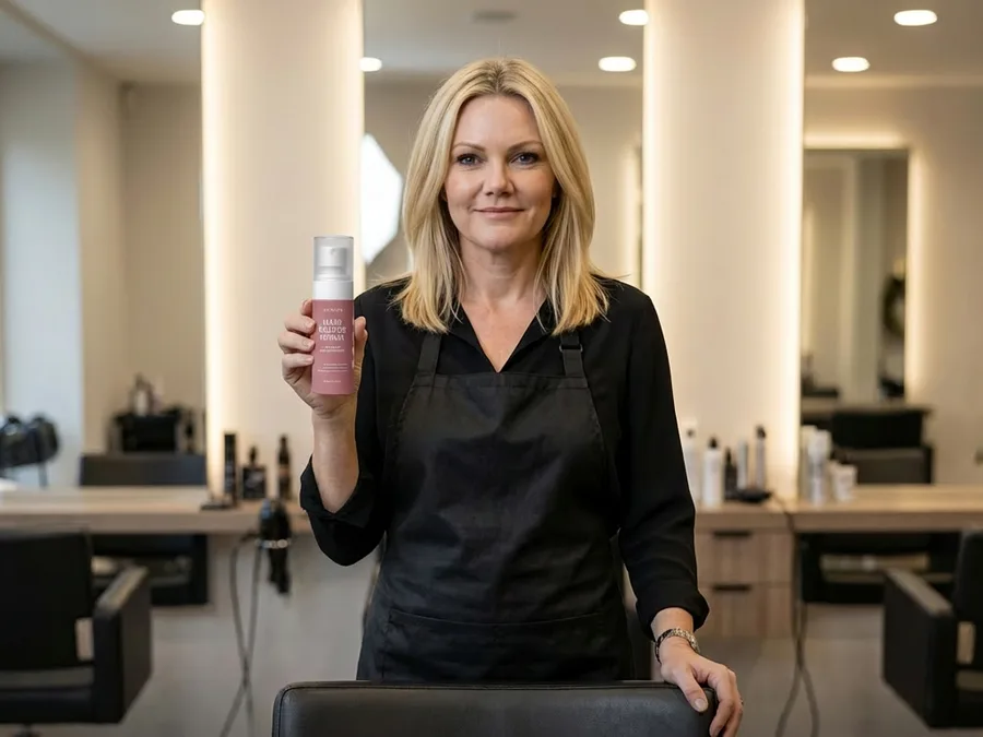 Lisa Renner in her salon holding Hair Helper Spray