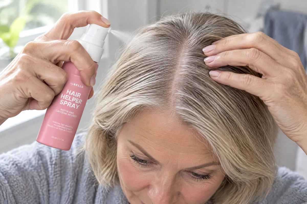 Fingers part the hair and Hair Helper mists straight onto the scalp along the part
