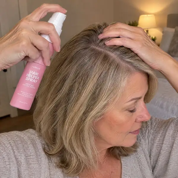 A woman in her 60s spraying Hair Helper straight onto her part, then massaging it in